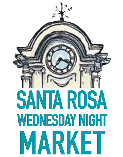 Banner with words "Santa Rosa Wednesday Night Market" underneath drawing of iconic clock tower overlooking Santa Rosa's Old Courthouse Square.