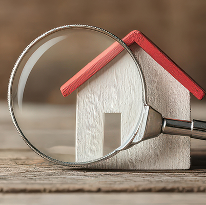 model house with magnifying glass in front