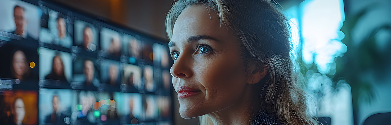 woman looking at computer screen of online meeting