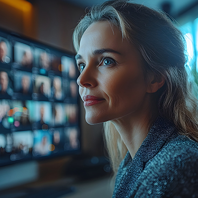 woman looking at computer screen of online meeting